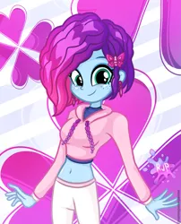 Size: 2015x2490 | Tagged: safe, artist:rjp.rammy, derpibooru import, human, equestria girls, g5, my little pony: make your mark, my little pony: tell your tale, alternate hairstyle, background, beautiful, beautisexy, belly button, blue eyeshadow, blue skin, breasts, butterfly hairpin, clothes, cute, cute face, ear piercing, eyeshadow, female, g4, green eyes, hairpin, happy, hoodie, human coloration, humanized, image, looking at you, makeup, midriff, misty brightdawn, mistybetes, multicolored hair, pants, photo, piercing, png, reasonably sized breasts, rebirth misty, sexy, smiling, smiling at you, solo, solo female, sports outfit, sporty style, stupid sexy misty, sweater, teenage misty brightdawn, teenager, training pants