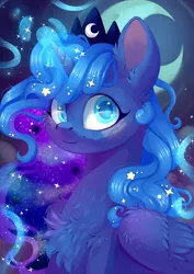 Size: 4961x7016 | Tagged: safe, artist:cutepencilcase, derpibooru import, princess luna, alicorn, pony, absurd resolution, bust, chest fluff, crescent moon, g4, image, magic, magic aura, moon, png, portrait, smiling, solo