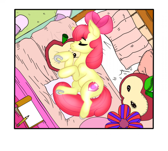 Size: 1920x1722 | Tagged: safe, artist:coraline0101, derpibooru import, apple bloom, earth pony, pony, bed, clothes, eyes closed, female, filly, foal, horseshoes, image, notebook, pencil, pillow, png, rug, sleeping, slippers, solo
