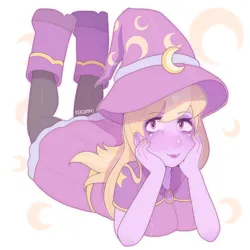 Size: 2248x2248 | Tagged: safe, artist:kekibon, derpibooru import, lavender lace, equestria girls, blushing, boots, clothes, cute, dress, female, g4, hat, image, leggings, lying down, png, prone, shoes, skirt, solo, wizard hat