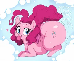Size: 1693x1381 | Tagged: suggestive, artist:daredemon7000, derpibooru import, pinkie pie, earth pony, pony, ass up, balloonbutt, blue background, blushing, butt, butt jiggle, female, image, jiggle, jpeg, looking at you, looking back, looking back at you, simple background, solo, solo female, the ass was fat, tongue out