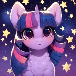 Size: 918x920 | Tagged: safe, ai content, derpibooru import, machine learning assisted, machine learning generated, stable diffusion, twilight sparkle, pony, unicorn, beautiful, big eyes, blue mane, blushing, cute, detailed, detailed hair, ear fluff, fluffy, g4, generator:purplesmart.ai, image, looking at you, night, png, prompter:saltyvity, purple eyes, solo, space, sparkles, stars
