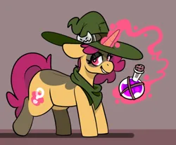 Size: 684x566 | Tagged: safe, artist:myahster, derpibooru import, oc, oc:mystery brew, unofficial characters only, pony, unicorn, cutie mark, female, hat, image, looking at you, magic, magic aura, mare, png, potion, shawl, simple background, solo, telekinesis, wingding eyes, witch, witch hat