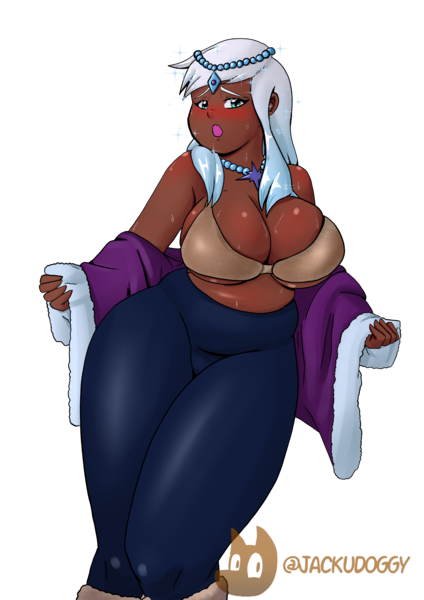 Size: 2480x3508 | Tagged: questionable, artist:jackudoggy, derpibooru import, human, g5, art trade, bbw, belly button, big breasts, blushing, bra, breast overpour, breasts, chubby, clothes, dark skin, fat, humanized, image, jewelry, leggings, necklace, png, skindentation, sweat, underwear, undressing, violet frost, wide hips