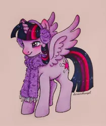 Size: 1346x1600 | Tagged: safe, artist:dariarchangel, derpibooru import, twilight sparkle, twilight sparkle (alicorn), alicorn, pony, clothes, earmuffs, female, g4, image, jpeg, mare, princess, scarf, smiling, spread wings, traditional art, wings, winter outfit