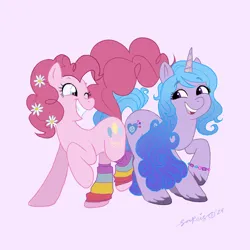 Size: 900x900 | Tagged: safe, artist:sorrriso, derpibooru import, izzy moonbow, pinkie pie, earth pony, pony, unicorn, g5, bracelet, butt bump, butt to butt, butt touch, clothes, commission, cute, diapinkes, duo, duo female, female, flower, flower in hair, g4, generational ponidox, grin, image, izzy and her heroine, izzybetes, jewelry, jpeg, mare, one eye closed, open mouth, purple background, rainbow socks, simple background, smiling, socks, striped socks, unshorn fetlocks, wink