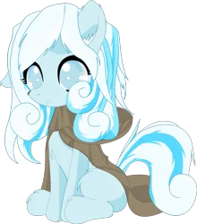 Size: 1757x2000 | Tagged: safe, alternate version, artist:an-m, derpibooru import, oc, oc:snowdrop, unofficial characters only, pony, cloak, clothes, ear fluff, female, filly, fluffy, foal, image, one ear down, png, simple background, sitting, smiling, solo, transparent background