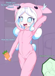 Size: 1600x2200 | Tagged: safe, artist:an-m, derpibooru import, oc, oc:anon, oc:snowdrop, unofficial characters only, human, animal costume, bunny costume, carrot, clothes, costume, dialogue, female, food, humanized, image, kigurumi, open mouth, open smile, png, smiling, thumbs up
