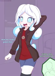 Size: 1600x2200 | Tagged: safe, alternate version, artist:an-m, derpibooru import, oc, oc:anon, oc:snowdrop, unofficial characters only, human, boots, clothes, daisy dukes, dialogue, female, humanized, image, jacket, jewelry, open mouth, open smile, pendant, pentagram, png, shoes, shorts, smiling, thumbs up
