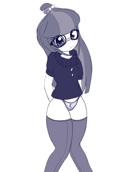 Size: 1800x2700 | Tagged: suggestive, artist:an-m, derpibooru import, moondancer, human, clothes, female, hands behind back, high res, humanized, image, jpeg, monochrome, panties, simple background, socks, solo, stockings, thigh highs, underwear, white background