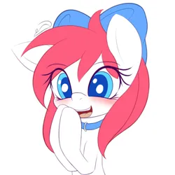 Size: 1068x1068 | Tagged: safe, artist:an-m, derpibooru import, oc, unofficial characters only, pony, blushing, bow, bust, collar, cute, gasp, hair bow, image, jpeg, one ear down, open mouth, open smile, simple background, smiling, solo, white background