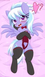 Size: 2000x3400 | Tagged: suggestive, alternate version, artist:an-m, derpibooru import, cloudchaser, pegasus, pony, alternate character, arm behind head, bow, cameltoe, clothes, commission, crotchboobs, erect nipples, female, heart, high res, image, looking at you, lying down, mare, miko, nipple outline, nudity, on back, open mouth, pictogram, png, smiling, socks, solo, solo female, teats, thigh highs, ych result