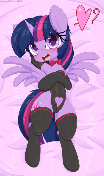 Size: 2000x3400 | Tagged: suggestive, alternate version, artist:an-m, derpibooru import, twilight sparkle, twilight sparkle (alicorn), alicorn, pony, alternate character, arm behind head, bow, cameltoe, clothes, crotchboobs, erect nipples, female, heart, high res, image, looking at you, lying down, mare, miko, nipple outline, nudity, on back, open mouth, pictogram, png, smiling, socks, solo, solo female, teats, thigh highs