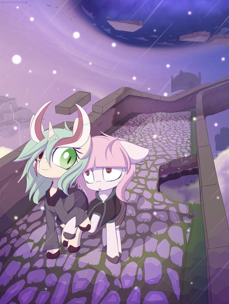 Size: 1798x2392 | Tagged: safe, artist:an-m, derpibooru import, oc, oc:setna, oc:tezla, unofficial characters only, earth pony, pony, unicorn, bridge, clothes, duo, female, high res, holding hooves, image, mare, png, road, surreal