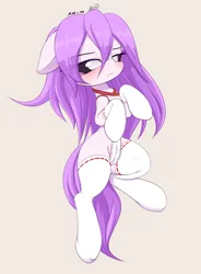 Size: 2250x3062 | Tagged: safe, artist:an-m, derpibooru import, oc, oc:moonrain, unofficial characters only, earth pony, pony, blushing, clothes, crotchboobs, female, floppy ears, high res, image, mare, miko, nudity, png, simple background, socks, solo, teats, thigh highs, unamused