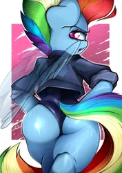 Size: 2894x4093 | Tagged: suggestive, alternate version, artist:ahekao, derpibooru import, rainbow dash, anthro, pegasus, ass, bodysuit, butt, clothes, cute, eyelashes, feral, g4, image, jpeg, older, older rainbow dash, pink eyes, sexy, solo, tail, transparent wings, wings