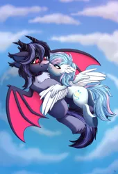 Size: 3546x5211 | Tagged: safe, artist:dinoalpaka, derpibooru import, oc, unofficial characters only, bat pony, pegasus, pony, blushing, coral, female, flying, horns, hug, image, male, mare, oc x oc, png, shipping, sky, stallion, wings