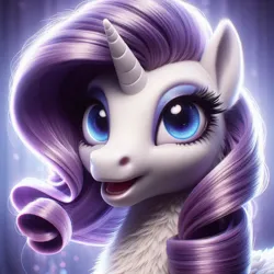 Size: 1024x1024 | Tagged: safe, ai content, machine learning generated, ponerpics import, ponybooru import, rarity, pony, unicorn, bing, bust, eyeshadow, female, fluffy, image, jpeg, looking at you, makeup, mare, neck fluff, open mouth, portrait, semi-realistic, solo, uncanny valley