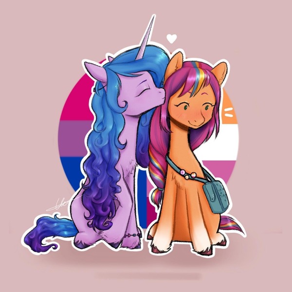 Size: 1440x1439 | Tagged: safe, artist:carolina_art, derpibooru import, izzy moonbow, sunny starscout, earth pony, pony, unicorn, g5, bisexual pride flag, cute, female, gay panic, heart, image, jpeg, kissing, lesbian, lesbian pride flag, mane stripe sunny, mouthpiece, politics, pride, pride flag, pride month, ship:moonscout, shipping, unshorn fetlocks