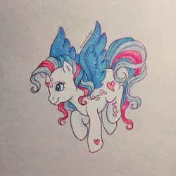 Size: 1600x1600 | Tagged: safe, artist:dariarchangel, derpibooru import, star catcher, pegasus, pony, dancing in the clouds, g3, butterfly island, female, flying, image, jpeg, multicolored hair, smiling, solo, spread wings, traditional art, wings