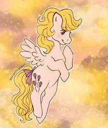 Size: 1824x2160 | Tagged: safe, derpibooru import, surprise, pegasus, pony, g1, balloon, bow, cloud, curly hair, digital art, female, flying, image, jpeg, mare, sky, small wings, spread wings, traditional art, wings