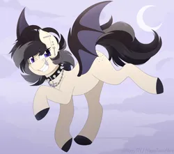 Size: 1400x1236 | Tagged: safe, artist:higgly-chan, derpibooru import, oc, oc:melody morningstar, unofficial characters only, bat pony, pony, butt freckles, chains, cloud, collar, colored hooves, ear fluff, ear piercing, earring, eyelashes, fangs, flying, freckles, horns, image, jewelry, looking at you, male, moon, piercing, png, silver tooth, smiling, solo, spiked collar, spread wings, stallion, wings