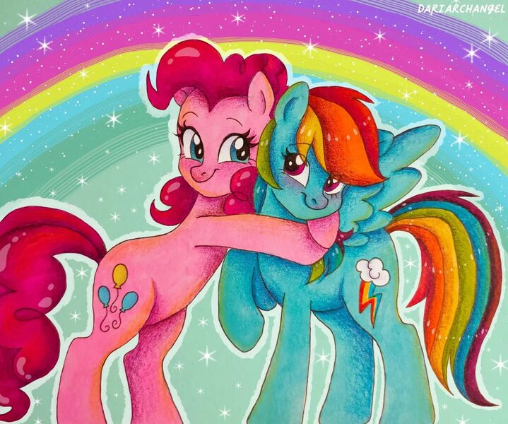 Size: 1440x1201 | Tagged: safe, artist:dariarchangel, derpibooru import, pinkie pie, rainbow dash, female, image, jpeg, lesbian, pinkiedash, shipping