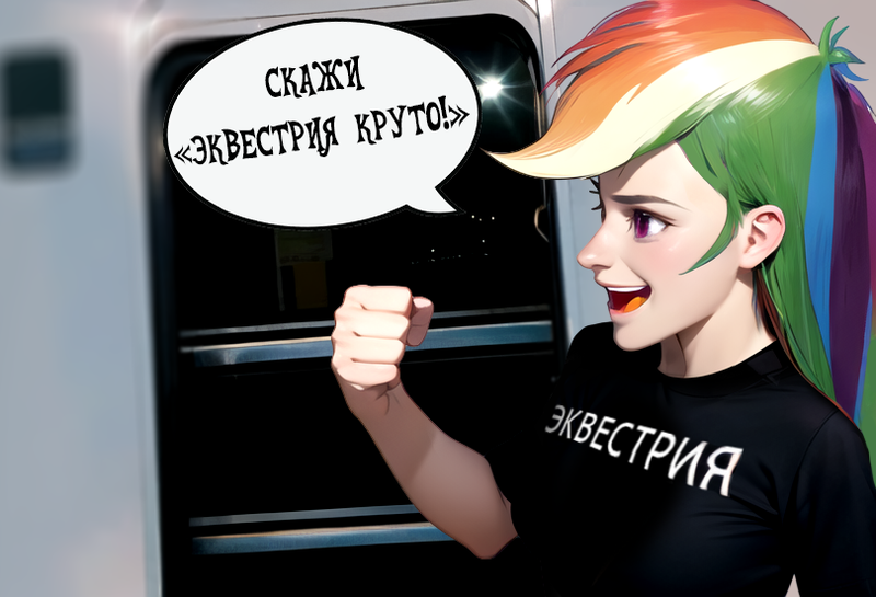 Size: 810x552 | Tagged: safe, ai content, derpibooru import, machine learning generated, prompter:hqdmusthave, rainbow dash, human, equestria girls, rainbow rocks, background, black shirt, clothes, cyrillic, fist, g4, image, png, print, russian, russian meme, smiling, solo, train