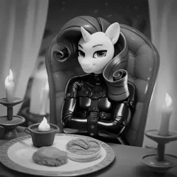 Size: 1024x1024 | Tagged: suggestive, ai content, derpibooru import, machine learning generated, stable diffusion, rarity, anthro, unicorn, belt, belt buckle, belts, black and white, bondage, candle, chair, curtains, dinner, food, generator:purplesmart.ai, grayscale, happy, happy bondage, image, jpeg, latex, latex suit, looking at you, monochrome, night, night sky, sitting, sky, smiling, solo, stars, straitjacket, straps
