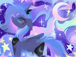 Size: 2048x1548 | Tagged: safe, artist:petaltwinkle, derpibooru import, princess luna, alicorn, pony, abstract background, blue eyes, colored wings, colored wingtips, crescent moon, crown, crying, eyebrows, eyebrows visible through hair, eyelashes, female, floppy ears, folded wings, frown, g4, horn, image, jewelry, jpeg, long horn, looking up, mare, moon, multicolored mane, multicolored tail, open mouth, regalia, signature, solo, sparkles, standing, stars, tail, tiara, two toned wings, wingding eyes, wings