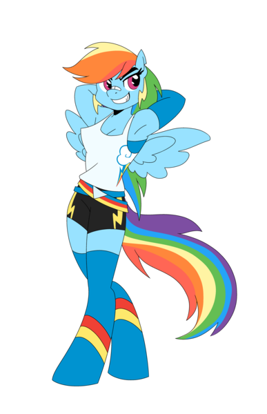 Size: 1280x1987 | Tagged: safe, artist:fotia-kouneli, derpibooru import, rainbow dash, anthro, arm behind head, armpits, bandaid, belt, clothes, cutie mark, female, grin, image, png, shorts, simple background, smiling, socks, solo, sports bra, stockings, thigh highs, transparent background, wings