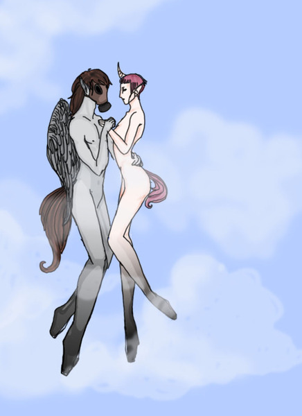 Size: 500x688 | Tagged: safe, artist:badmilkdog, derpibooru import, oc, oc:comrade colt, unofficial characters only, human, pegasus, unicorn, cloud, humanized, image, jpeg