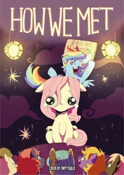 Size: 1920x2715 | Tagged: safe, artist:emptygoldstudio, derpibooru import, fluttershy, rainbow dash, pony, comic:how we met, image, jpeg, sign, spotlight