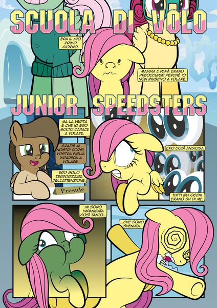 Size: 1920x2715 | Tagged: safe, artist:alexdti, derpibooru import, fluttershy, gentle breeze, posey shy, oc, pegasus, pony, comic:how we met (italian), comic, female, filly, filly fluttershy, foal, glasses, green face, image, italian, jpeg, younger