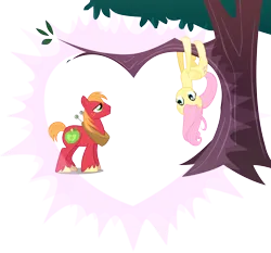Size: 5000x4650 | Tagged: safe, anonymous artist, derpibooru import, big macintosh, fluttershy, earth pony, pony, hearts and hooves day (episode), absurd resolution, female, filly, fluttermac, foal, g4, heart, hearts and hooves day, image, looking at each other, looking at someone, male, mare, png, shipping, simple background, smiling, smiling at each other, stallion, straight, transparent background, tree, tree branch, upside down, vector
