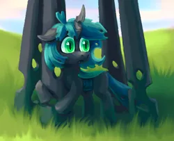 Size: 2463x2000 | Tagged: safe, artist:impamy, derpibooru import, queen chrysalis, changeling queen oc, oc, oc:anonfilly, oc:changeling filly anon, changeling, changeling queen, pony, changeling oc, cute, duo, duo female, fangs, female, filly, grass, grass field, green eyes, horn, image, mother and child, mother and daughter, png, species swap