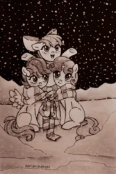 Size: 1070x1600 | Tagged: safe, artist:dariarchangel, derpibooru import, apple bloom, scootaloo, sweetie belle, earth pony, pegasus, pony, unicorn, black and white, bow, clothes, cutie mark crusaders, female, filly, foal, g4, grayscale, hair bow, image, jpeg, monochrome, photo, scarf, sitting, small wings, smiling, snow, snowfall, wings, winter