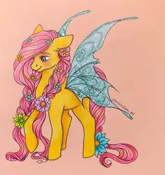 Size: 2044x2160 | Tagged: safe, artist:dariarchangel, derpibooru import, fluttershy, flutter pony, pegasus, pony, braid, braided tail, butterfly wings, female, flower, flower in hair, g4, image, jpeg, mare, redesign, shy, smiling, sparkly wings, tail, traditional art, wings
