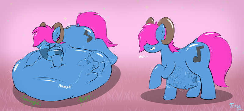 Size: 2930x1336 | Tagged: suggestive, artist:triksa, derpibooru import, oc, oc:bliss, oc:triksa, unofficial characters only, belly, big belly, bone, bulges, death, digestion, heh, horns, image, png, simple background, slurping, stomach noise, struggling, vore