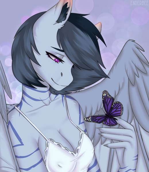 Size: 2400x2773 | Tagged: questionable, artist:enderbee, derpibooru import, oc, oc:engel, anthro, butterfly, insect, pegasus, breasts, clothes, ear fluff, hand, image, nails, png, short hair, simple background, smiling, solo, wings