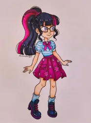 Size: 1191x1599 | Tagged: safe, artist:dariarchangel, derpibooru import, sci-twi, twilight sparkle, human, equestria girls, equestria girls series, friendship games, clothes, female, g4, glasses, image, jpeg, ponytail, shy, skirt, smiling, solo, traditional art