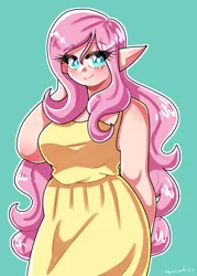 Size: 2400x3346 | Tagged: safe, artist:mylittleyuri, derpibooru import, fluttershy, human, arm behind head, blushing, clothes, cute, dress, eye clipping through hair, female, green background, high res, humanized, image, looking at you, outline, plump, png, shyabetes, simple background, smiling, smiling at you, solo, sundress, white outline