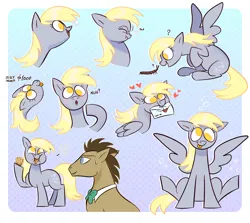 Size: 2800x2500 | Tagged: safe, artist:lafysaphy, derpibooru import, derpy hooves, doctor whooves, time turner, earth pony, insect, pegasus, pony, :p, abstract background, bubble, eating, emanata, female, folded wings, food, g4, heart, image, jpeg, letter, male, mare, mouth hold, muffin, scrunchy face, silly, silly pony, smiling, spread wings, stallion, tongue out, wings
