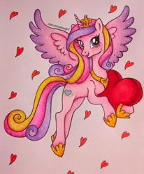 Size: 1316x1600 | Tagged: safe, artist:dariarchangel, derpibooru import, princess cadance, alicorn, pony, colored wings, female, flying, g4, gradient wings, heart, hearts and hooves day, image, jewelry, jpeg, mare, multicolored hair, multicolored wings, pillow, regalia, simple background, smiling, solo, spread wings, traditional art, wings