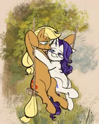 Size: 800x1000 | Tagged: safe, artist:lafysaphy, derpibooru import, applejack, rarity, earth pony, pony, unicorn, duo, duo female, female, g4, hoof on chest, image, jpeg, lesbian, looking at each other, looking at someone, mare, rarijack, shipping, sitting, smiling, smiling at each other, swing