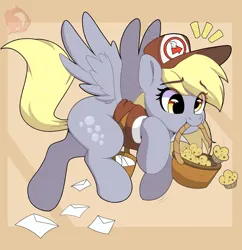 Size: 1783x1839 | Tagged: safe, artist:joaothejohn, derpibooru import, derpy hooves, pegasus, pony, bag, basket, clothes, cross-eyed, cute, derpabetes, derpy being derpy, female, flying, food, g4, hat, image, letter, looking down, muffin, png, simple background, solo, wings