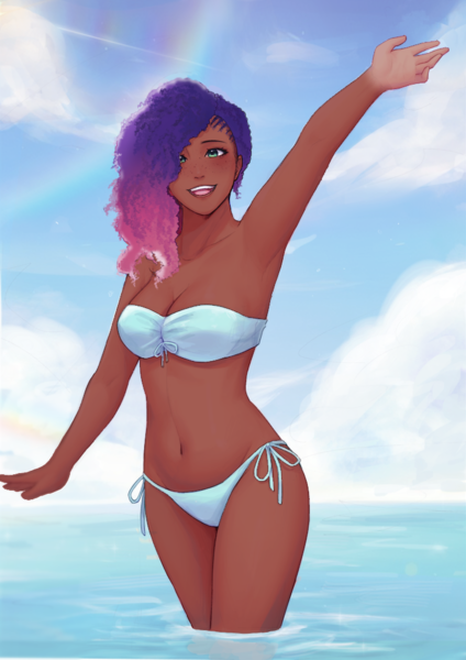 Size: 724x1024 | Tagged: safe, anonymous artist, derpibooru import, edit, human, g5, adorasexy, armpits, bare shoulders, belly button, bikini, breasts, cleavage, clothes, cornrows, cute, dark skin, hair over one eye, humanized, image, misty brightdawn, mistybetes, ocean, partially submerged, png, raised hand, sexy, sleeveless, solo, swimsuit, water
