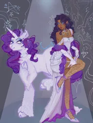 Size: 1280x1685 | Tagged: safe, artist:lukasequalszero, derpibooru import, rarity, human, pony, unicorn, alternate versions at source, blackwashing, blushing, chest fluff, choker, clothes, curly mane, dark skin, dress, ear fluff, ear piercing, ear tufts, earring, eyeshadow, feather boa, female, fishnet clothing, formal wear, g4, garter, gloves, gown, high heels, horn, human ponidox, humanized, image, jewelry, lidded eyes, long gloves, looking at you, looking back, makeup, mare, necklace, patterned background, pearl necklace, piercing, png, purple blush, purple mane, purple tail, raised hoof, raised hooves, raised leg, ribbon, ring, self paradox, self ponidox, shoes, smiling, spotlight, tail, tumblr nose, unshorn fetlocks