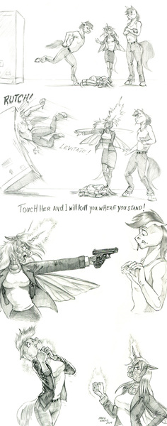 Size: 850x2157 | Tagged: semi-grimdark, artist:baron engel, derpibooru import, queen chrysalis, oc, anthro, changeling, changeling queen, earth pony, unicorn, zebra, black and white, child, choking, cigarette, death, dialogue, female, grayscale, gun, handgun, image, jpeg, levitation, magic, male, monochrome, onomatopoeia, pencil drawing, pistol, simple background, telekinesis, traditional art, weapon, white background