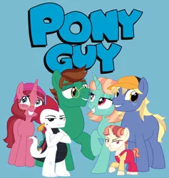 Size: 830x874 | Tagged: artist needed, source needed, safe, derpibooru import, ponified, dragon, earth pony, pony, unicorn, beanie, blue background, brian griffin, chris griffin, colt, dragonified, family guy, female, foal, glasses, grin, hat, image, jpeg, lois griffin, looking at each other, looking at someone, male, mare, meg griffin, parody, peter griffin, simple background, smiling, species swap, stallion, stewie griffin, text